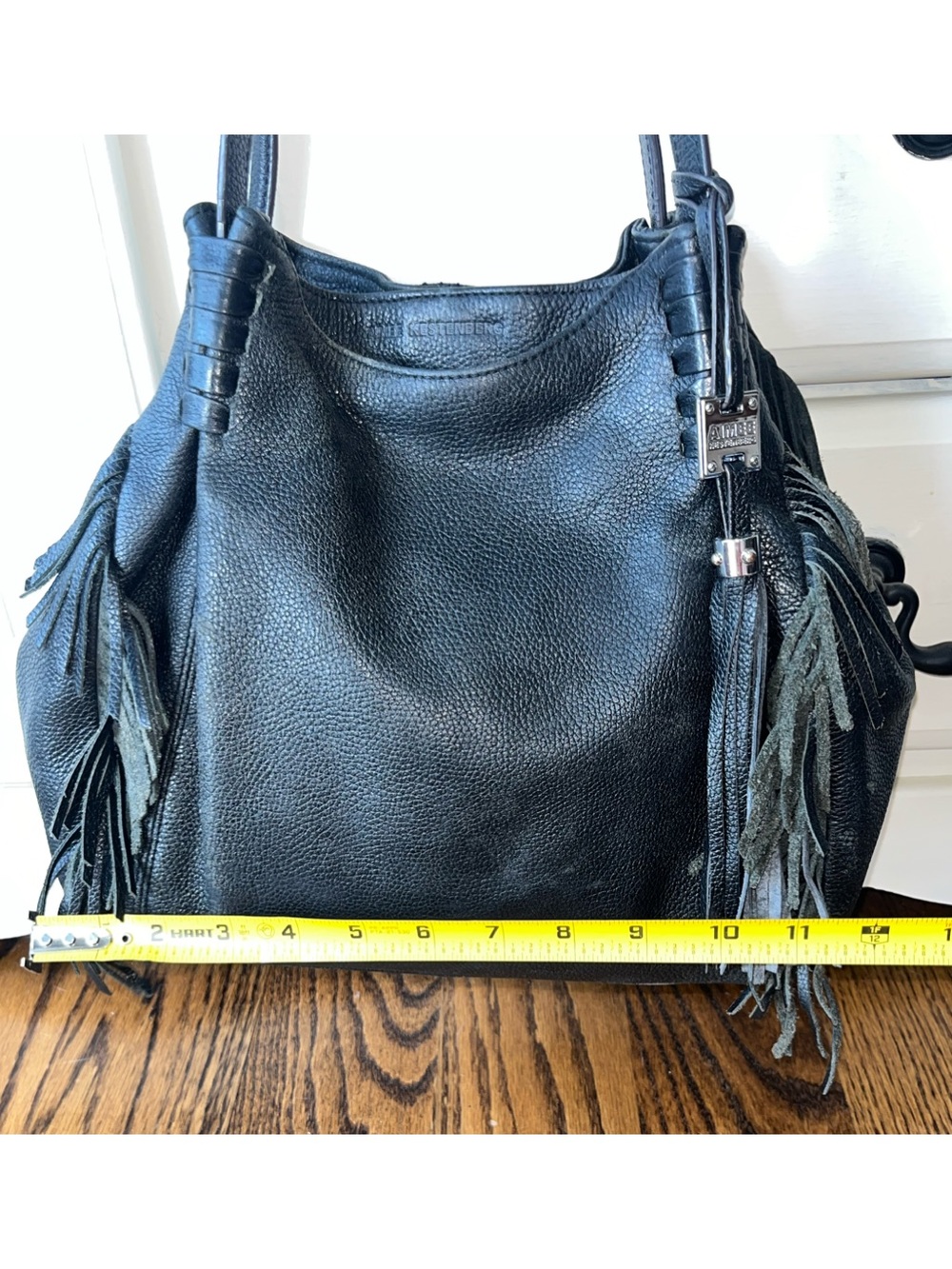 Aimee Kestenberg Black Fringe Pebbled Leather Double Handle Shoulder Bag - Picture 4 of 10